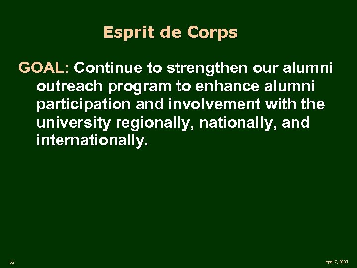 Esprit de Corps GOAL: Continue to strengthen our alumni outreach program to enhance alumni