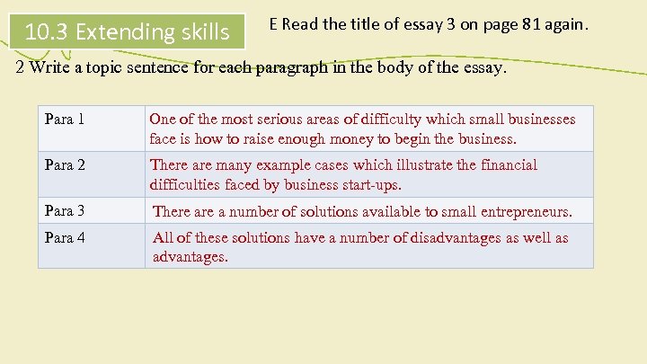 10. 3 Extending skills E Read the title of essay 3 on page 81