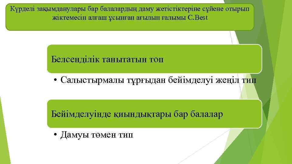 Күрделі зақымданулары бар балалардың даму жетістіктеріне сұйене отырып жіктемесін алғаш ұсынған ағылын ғалымы С.