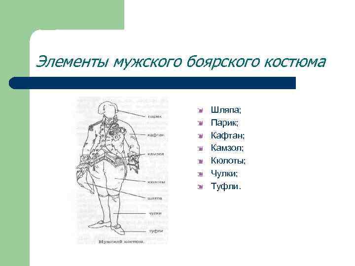 Элементы мужского боярского костюма Шляпа; Парик; Кафтан; Камзол; Кюлоты; Чулки; Туфли. 