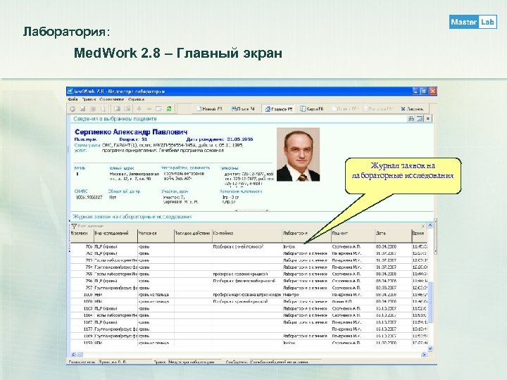 Лаборатория: Med. Work 2. 8 – Главный экран Журнал заявок на лабораторные исследования 