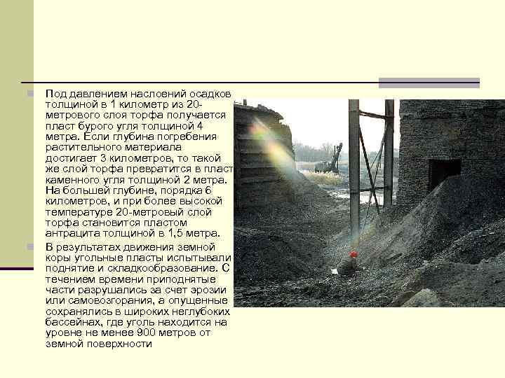 Под давлением наслоений осадков толщиной в 1 километр из 20 метрового слоя торфа получается