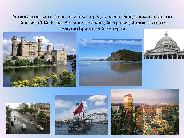 Англосаксонская правовая система представлена следующими странами: Англия, США, Новая Зеландия, Канада, Австралия, Индия, бывшие