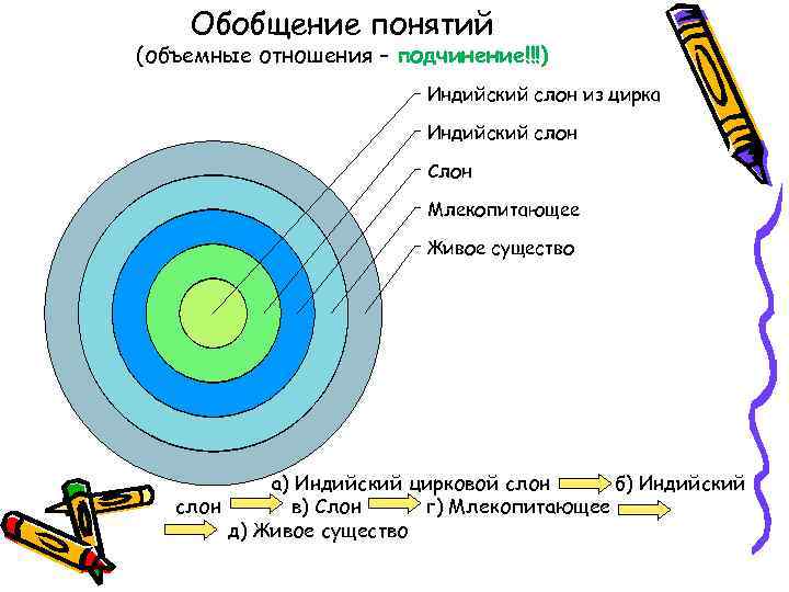 Обобщение понятий (объемные отношения – подчинение!!!) Индийский слон из цирка Индийский слон Слон Млекопитающее