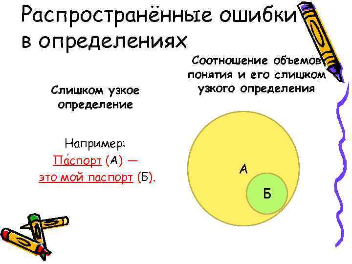 Распространённые ошибки в определениях Слишком узкое определение Например: Па спорт (А) — это мой