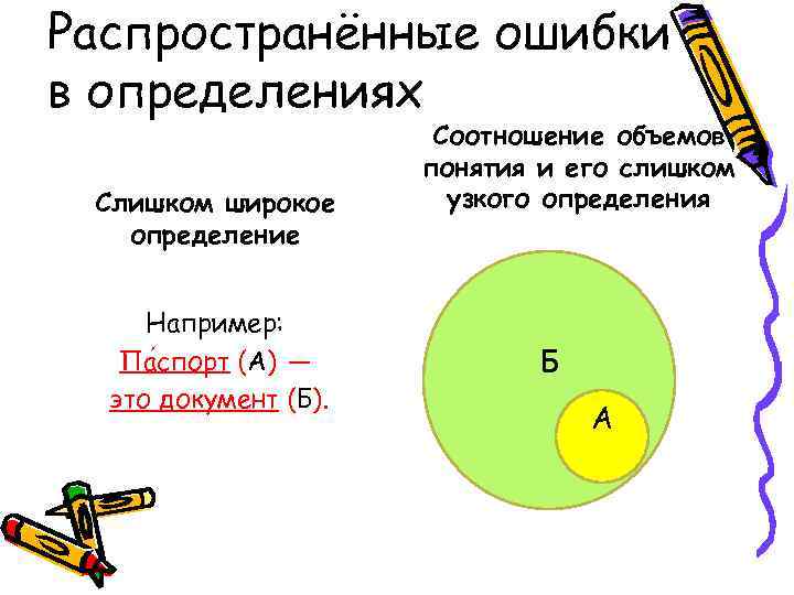 Распространённые ошибки в определениях Слишком широкое определение Например: Па спорт (А) — это документ