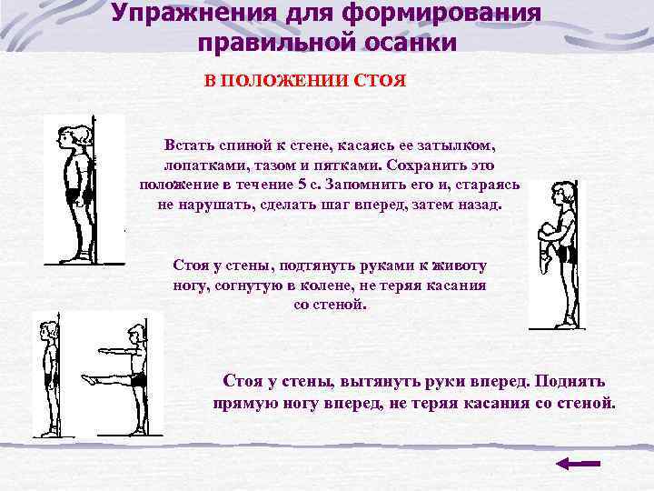 Упражнения для формирования правильной осанки В ПОЛОЖЕНИИ СТОЯ Встать спиной к стене, касаясь ее