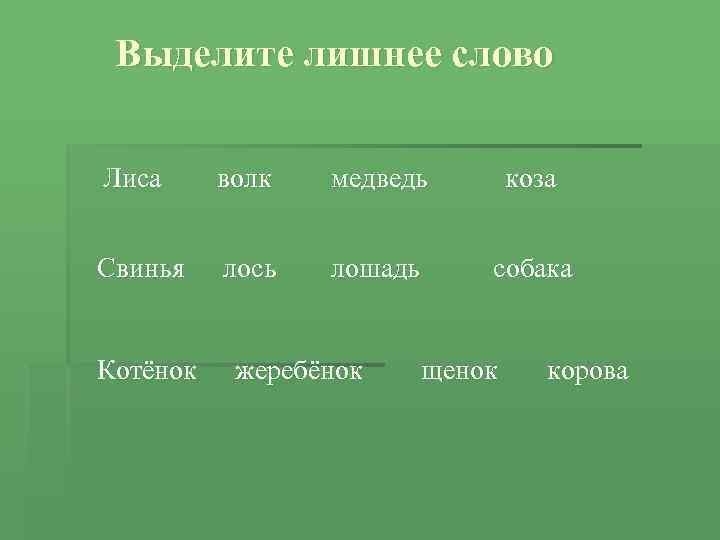 Выделите лишнее слово Лиса волк медведь коза Свинья лось лошадь собака Котёнок жеребёнок щенок