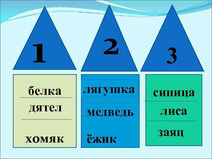 1 белка дятел б хомяк 2 лягушка медведь ёжик 3 синица лиса заяц 