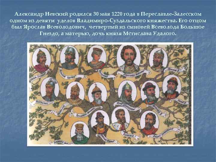 Александр Невский родился 30 мая 1220 года в Переславле-Залесском одном из девяти уделов Владимиро-Суздальского