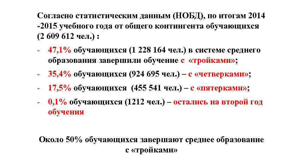 Согласно статистическим данным (НОБД), по итогам 2014 -2015 учебного года от общего контингента обучающихся