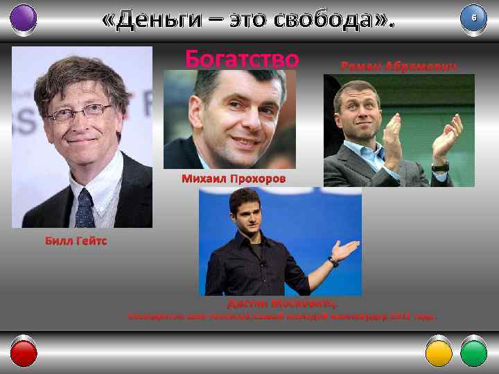  «Деньги – это свобода» . Богатство Роман Абрамович Михаил Прохоров Билл Гейтс Дастин