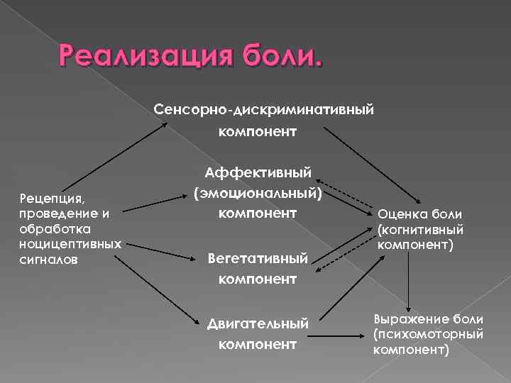 Реализация боли. Сенсорно-дискриминативный компонент Рецепция, проведение и обработка ноцицептивных сигналов Аффективный (эмоциональный) компонент Вегетативный