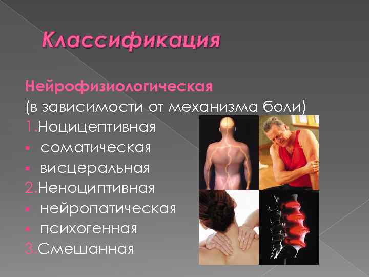 Классификация Нейрофизиологическая (в зависимости от механизма боли) 1. Ноцицептивная § соматическая § висцеральная 2.