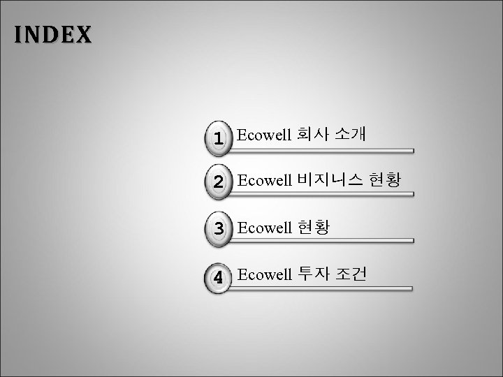 INDEX 1 Ecowell 회사 소개 2 Ecowell 비지니스 현황 3 Ecowell 현황 4 Ecowell