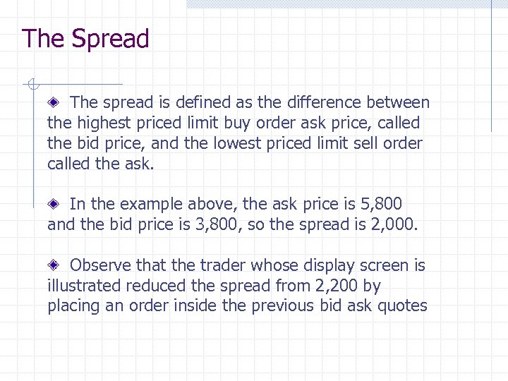 The Spread The spread is defined as the difference between the highest priced limit