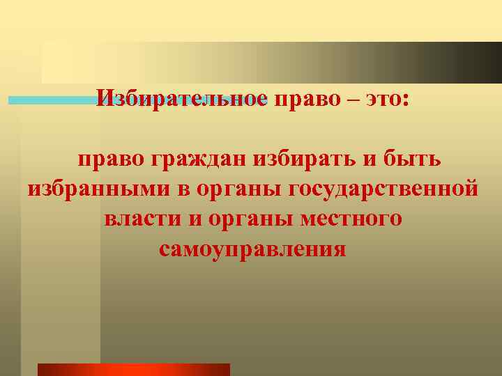 Избирательное право – это: право граждан избирать и быть избранными в органы государственной власти