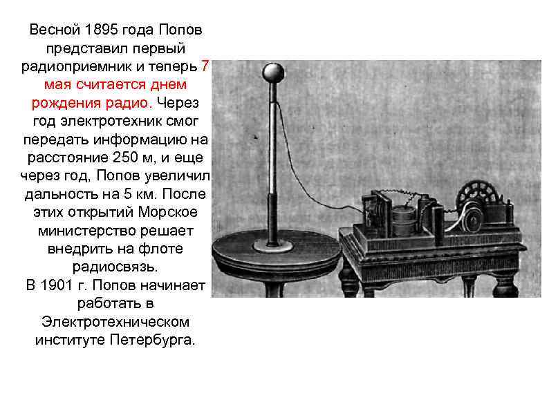 Весной 1895 года Попов представил первый радиоприемник и теперь 7 мая считается днем рождения