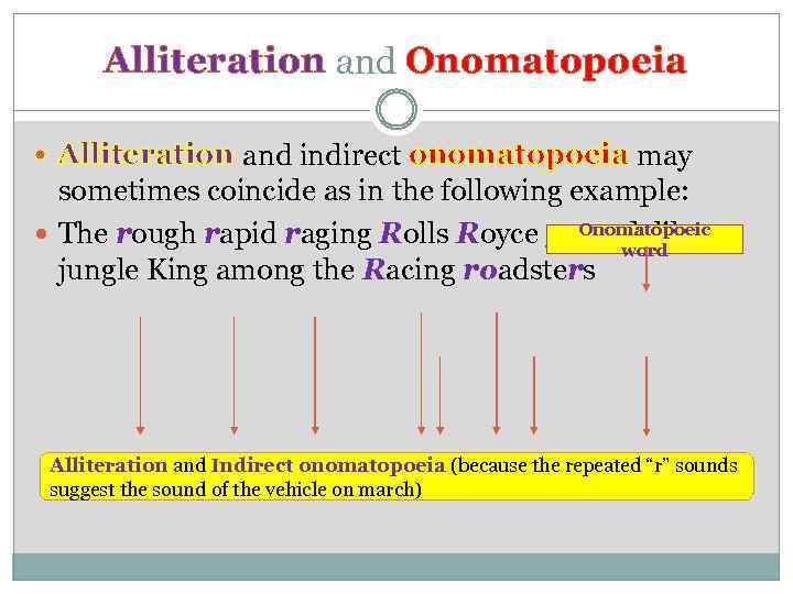 Alliteration and Onomatopoeia Alliteration and indirect onomatopoeia may sometimes coincide as in the following