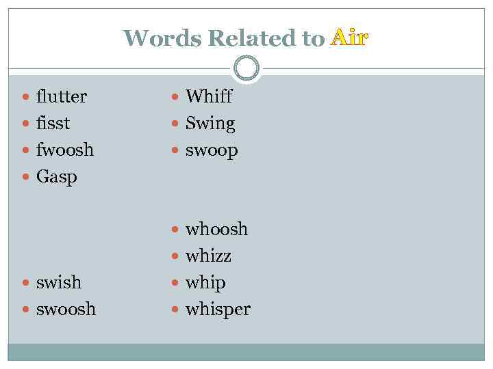 Words Related to Air flutter Whiff fisst Swing fwoosh swoop Gasp whoosh whizz swish