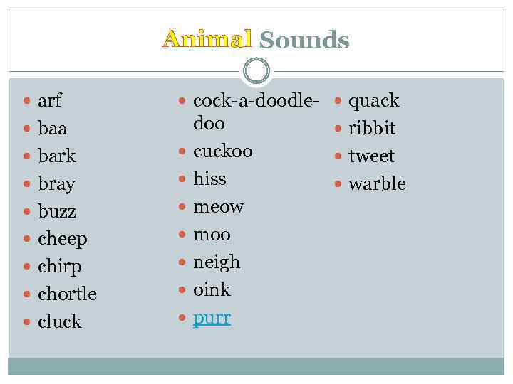Animal Sounds arf cock-a-doodle- quack baa bark bray buzz cheep chirp chortle cluck doo