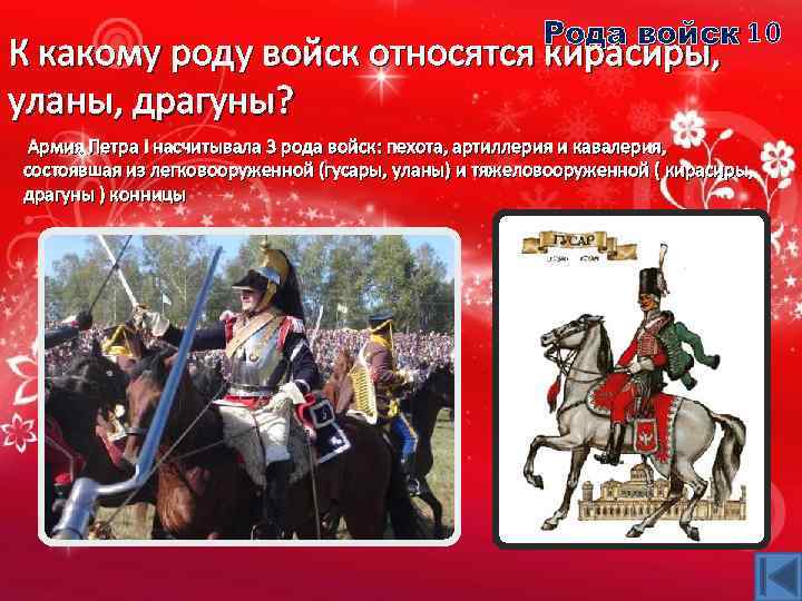 Рода войск 1 0 К какому роду войск относятся кирасиры, уланы, драгуны? Армия Петра
