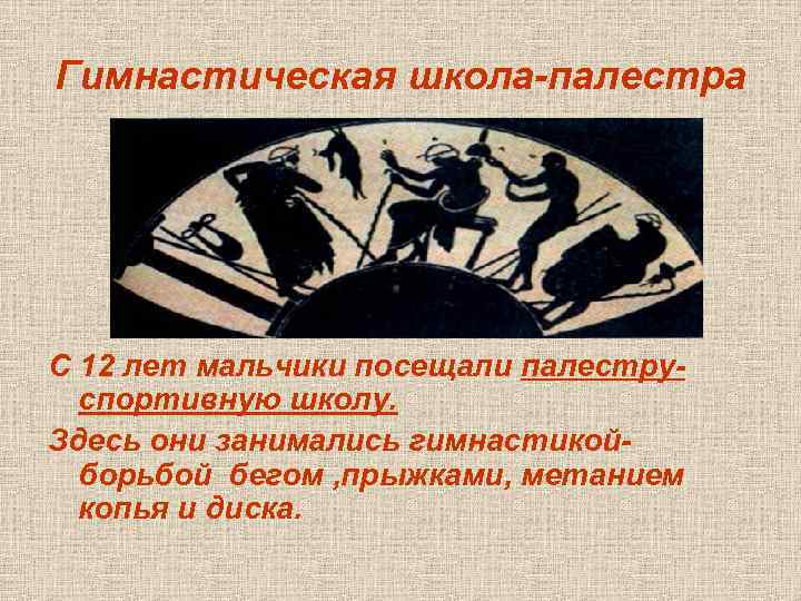 Гимнастическая школа-палестра С 12 лет мальчики посещали палеструспортивную школу. Здесь они занимались гимнастикойборьбой бегом