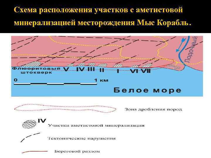 Схема расположения участков с аметистовой минерализацией месторождения Мыс Корабль. 