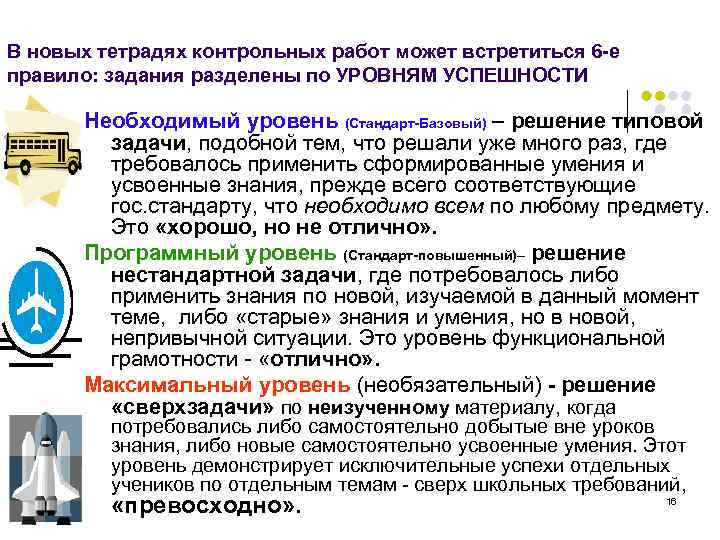 В новых тетрадях контрольных работ может встретиться 6 -е правило: задания разделены по УРОВНЯМ
