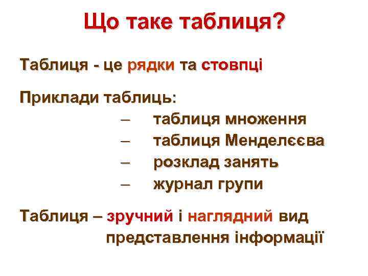 Що таке таблиця? Таблиця - це рядки та стовпці Приклади таблиць: – таблиця множення