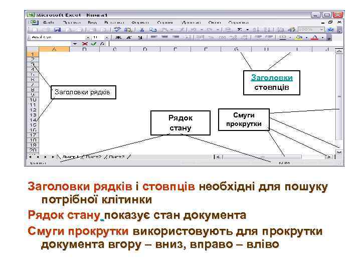 Заголовки стовпців Заголовки рядків Рядок стану Смуги прокрутки Заголовки рядків і стовпців необхідні для