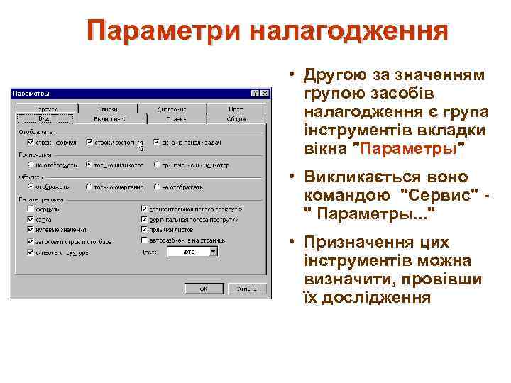 Параметри налагодження • Другою за значенням групою засобів налагодження є група інструментів вкладки вікна