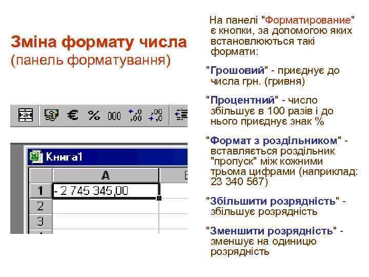 Зміна формату числа (панель форматування) На панелі "Форматирование" є кнопки, за допомогою яких встановлюються