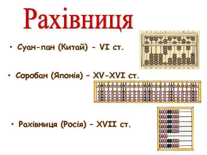  • Суан-пан (Китай) - VI ст. • Соробан (Японія) – XV-XVI ст. •