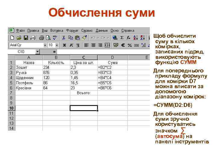 Обчислення суми Щоб обчислити суму в кількох комірках, записаних підряд, використовують функцію СУММ Для