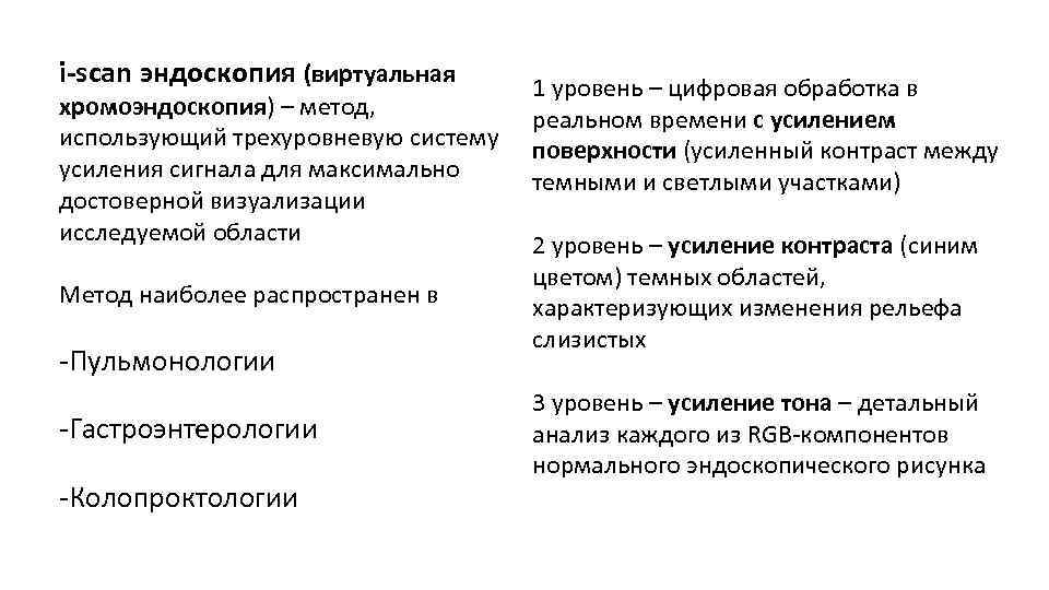 i-scan эндоскопия (виртуальная хромоэндоскопия) – метод, использующий трехуровневую систему усиления сигнала для максимально достоверной