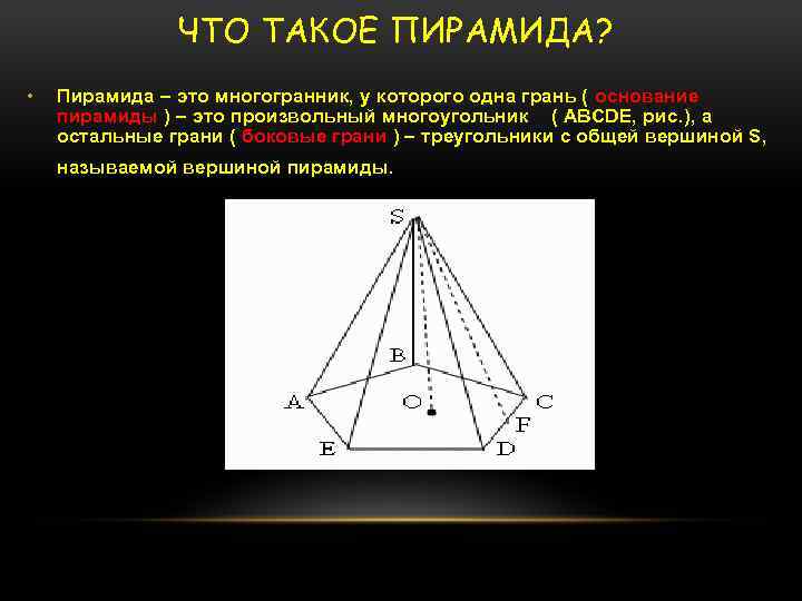 ЧТО ТАКОЕ ПИРАМИДА? • Пирамида – это многогранник, у которого одна грань ( основание