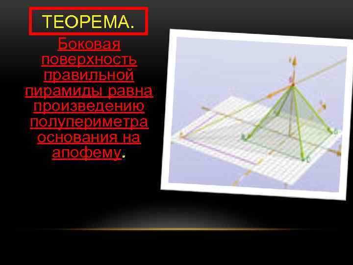 ТЕОРЕМА. Боковая поверхность правильной пирамиды равна произведению полупериметра основания на апофему. 