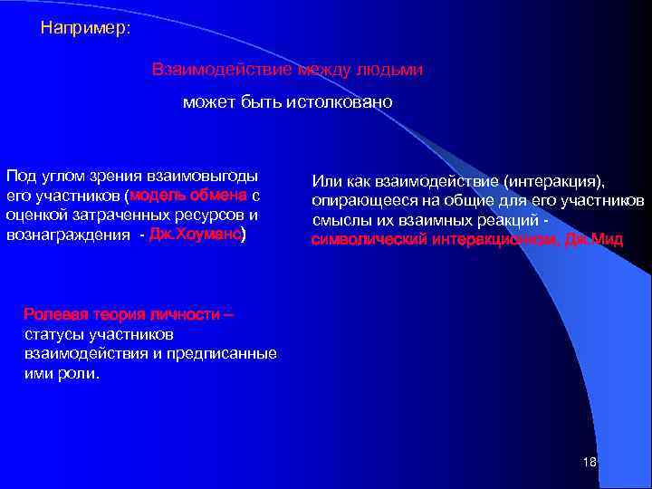 Например: Взаимодействие между людьми может быть истолковано Под углом зрения взаимовыгоды его участников (модель