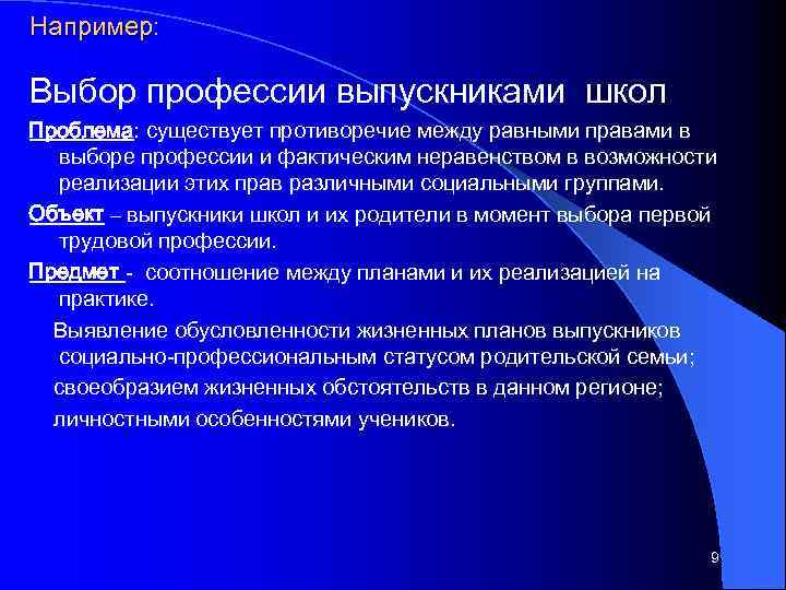 Например: Выбор профессии выпускниками школ Проблема: существует противоречие между равными правами в выборе профессии