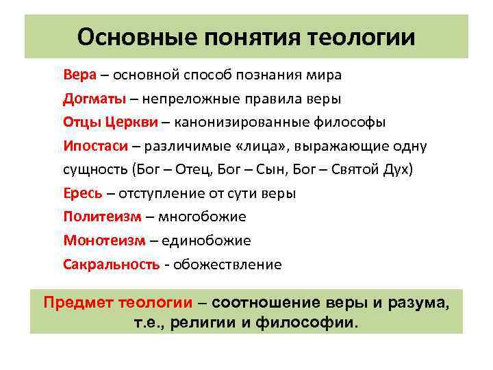 Основные понятия теологии Вера – основной способ познания мира Догматы – непреложные правила веры