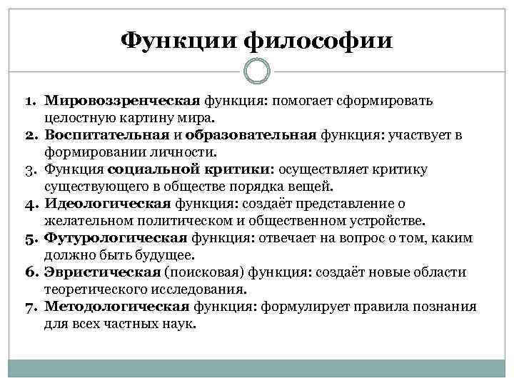 Функции философии 1. Мировоззренческая функция: помогает сформировать целостную картину мира. 2. Воспитательная и образовательная