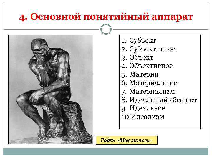 4. Основной понятийный аппарат 1. Субъект 2. Субъективное 3. Объект 4. Объективное 5. Материя