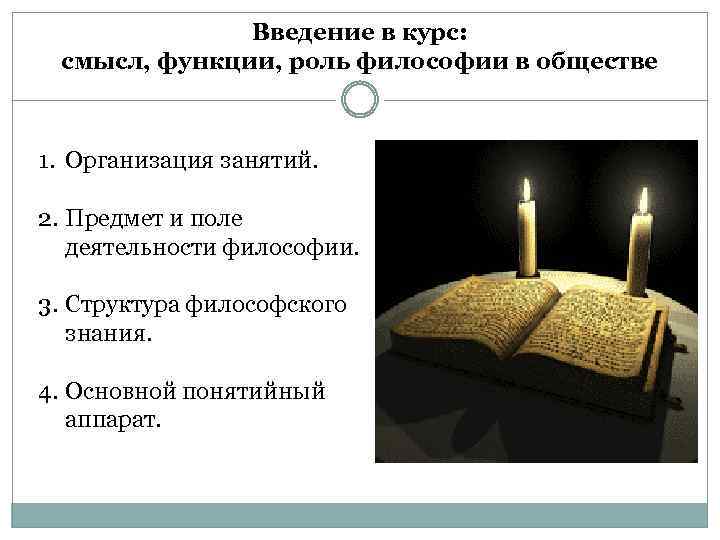 Введение в курс: смысл, функции, роль философии в обществе 1. Организация занятий. 2. Предмет