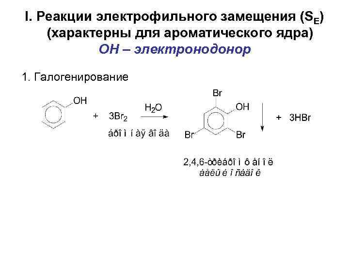 I. Реакции электрофильного замещения (SE) (характерны для ароматического ядра) OH – электронодонор 1. Галогенирование