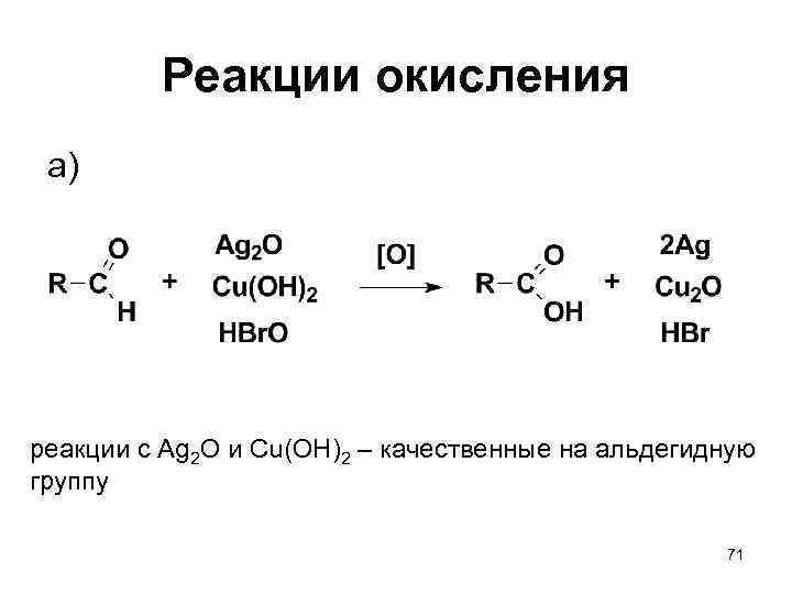 Реакции окисления a) реакции с Ag 2 O и Cu(OH)2 – качественные на альдегидную