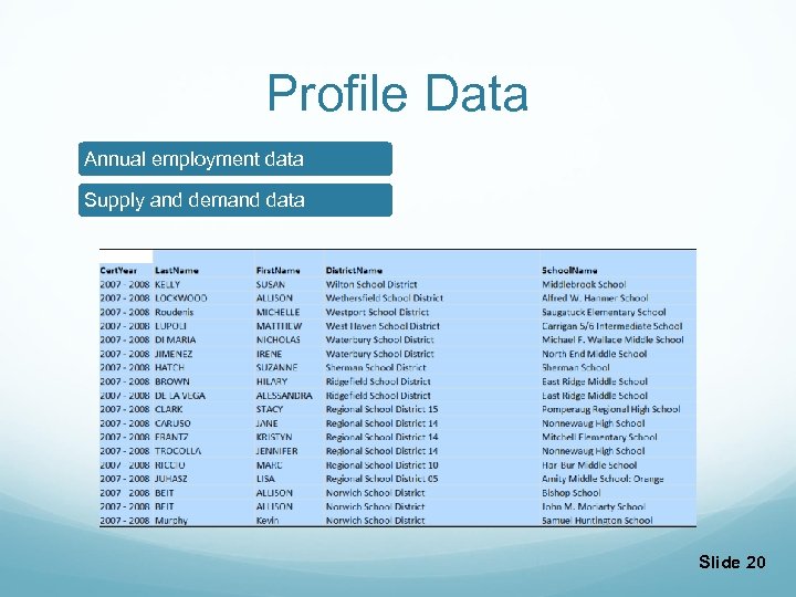 Profile Data Annual employment data Supply and demand data Slide 20 