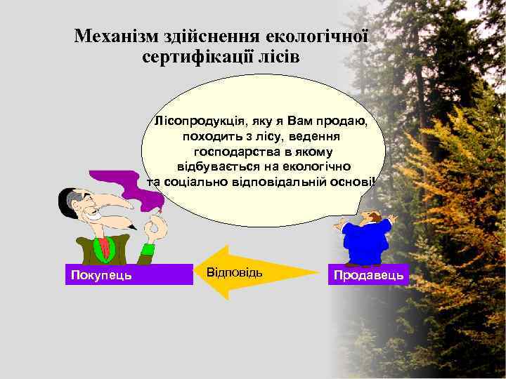 Механізм здійснення екологічної сертифікації лісів Лісопродукція, яку я Вам продаю, походить з лісу, ведення