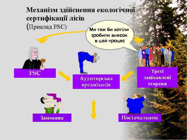 Механізм здійснення екологічної сертифікації лісів (Приклад FSC) FSC Замовник Ми теж би хотіли зробити