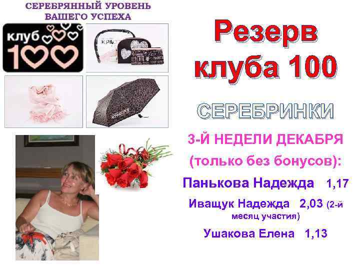 Резерв клуба 100 СЕРЕБРИНКИ 3 -Й НЕДЕЛИ ДЕКАБРЯ (только без бонусов): Панькова Надежда 1,